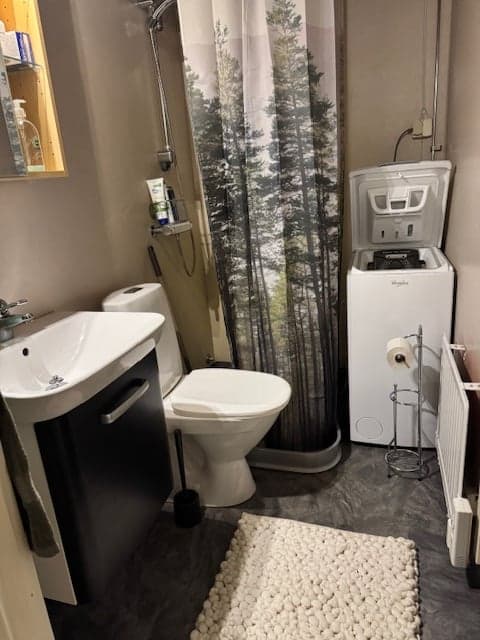 Modernt badrum med praktisk layout, toalett, handfat och dusch. Vit och grå färgschema skapar en ren och fräsch atmosfär. Dekorativ duschvägg med skogslandskap lägger till natuurlig touch.